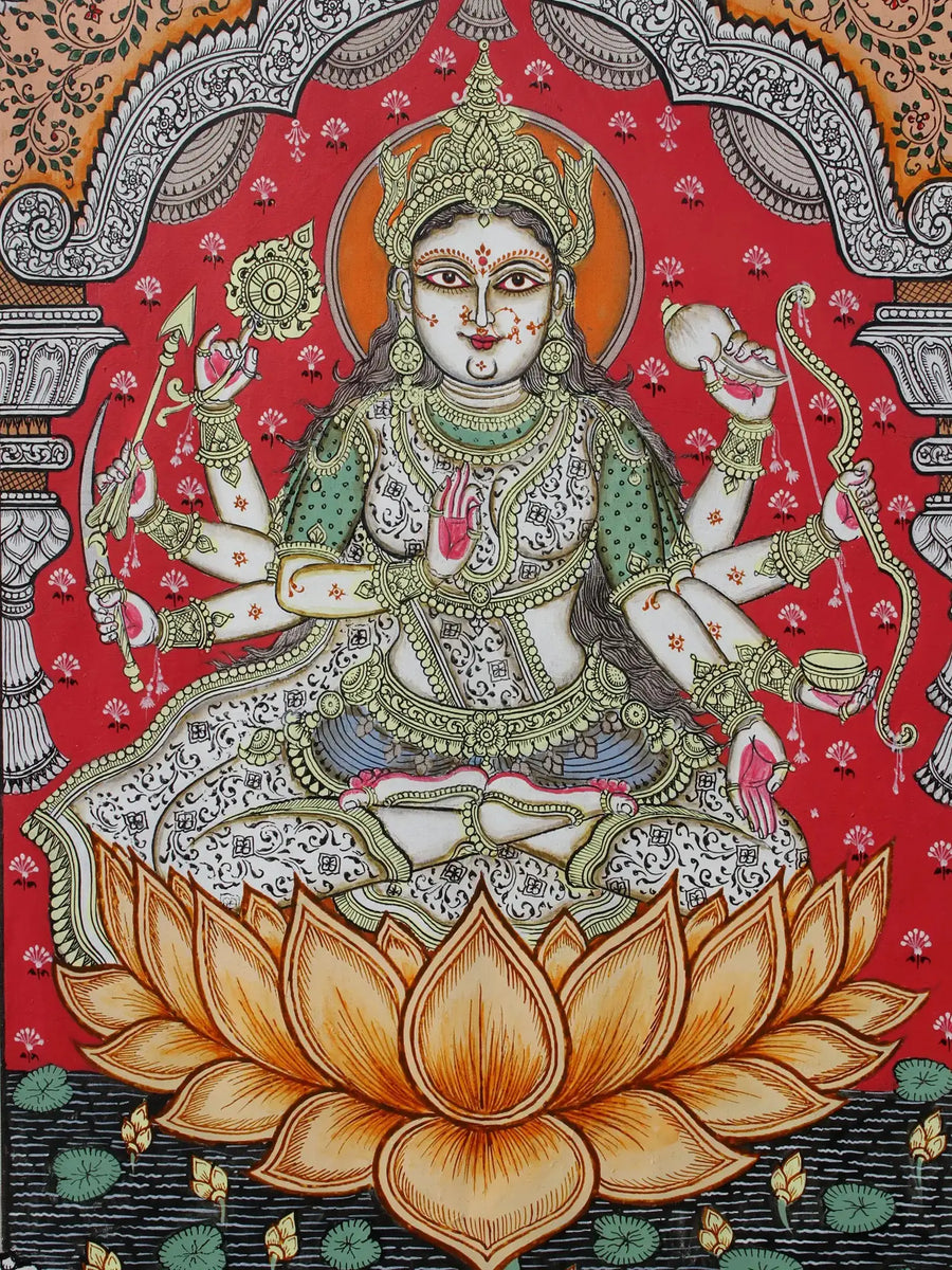 Masterpiece of Ashtalakshmi - Eight Forms of Goddess Lakshmi Painting on Tussar Silk