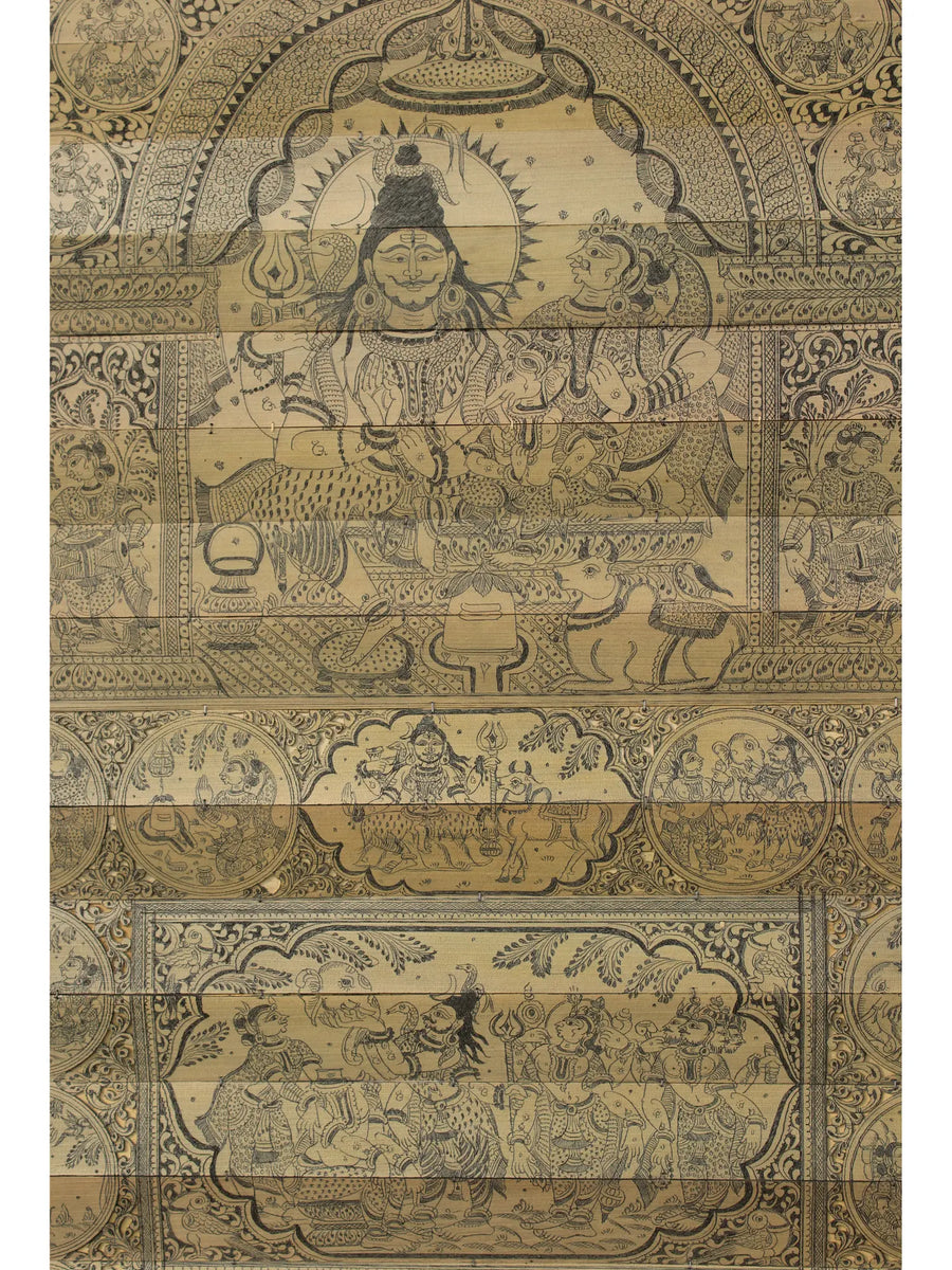 Shiva Parvati with Son Ganesha's Life Story Pattachitra Painting on Palm Leaf