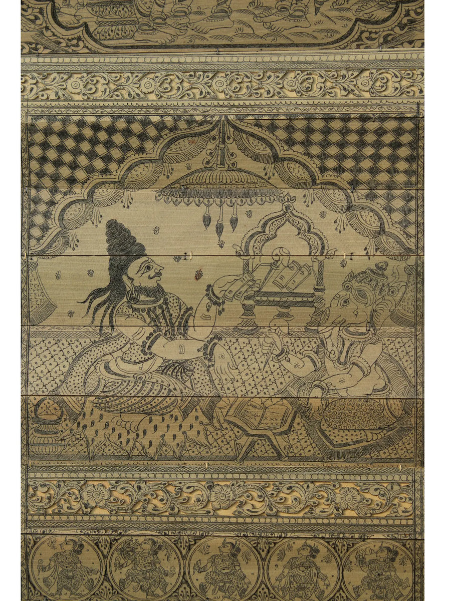 Shiva Parvati with Son Ganesha's Life Story Pattachitra Painting on Palm Leaf