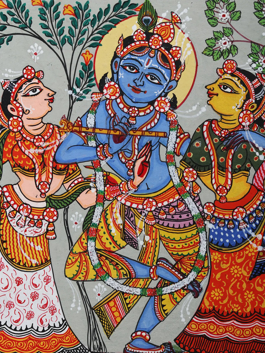 Dancing Lord Krishna with Rukmini and Satyabhama Pattachitra Painting on Canvas