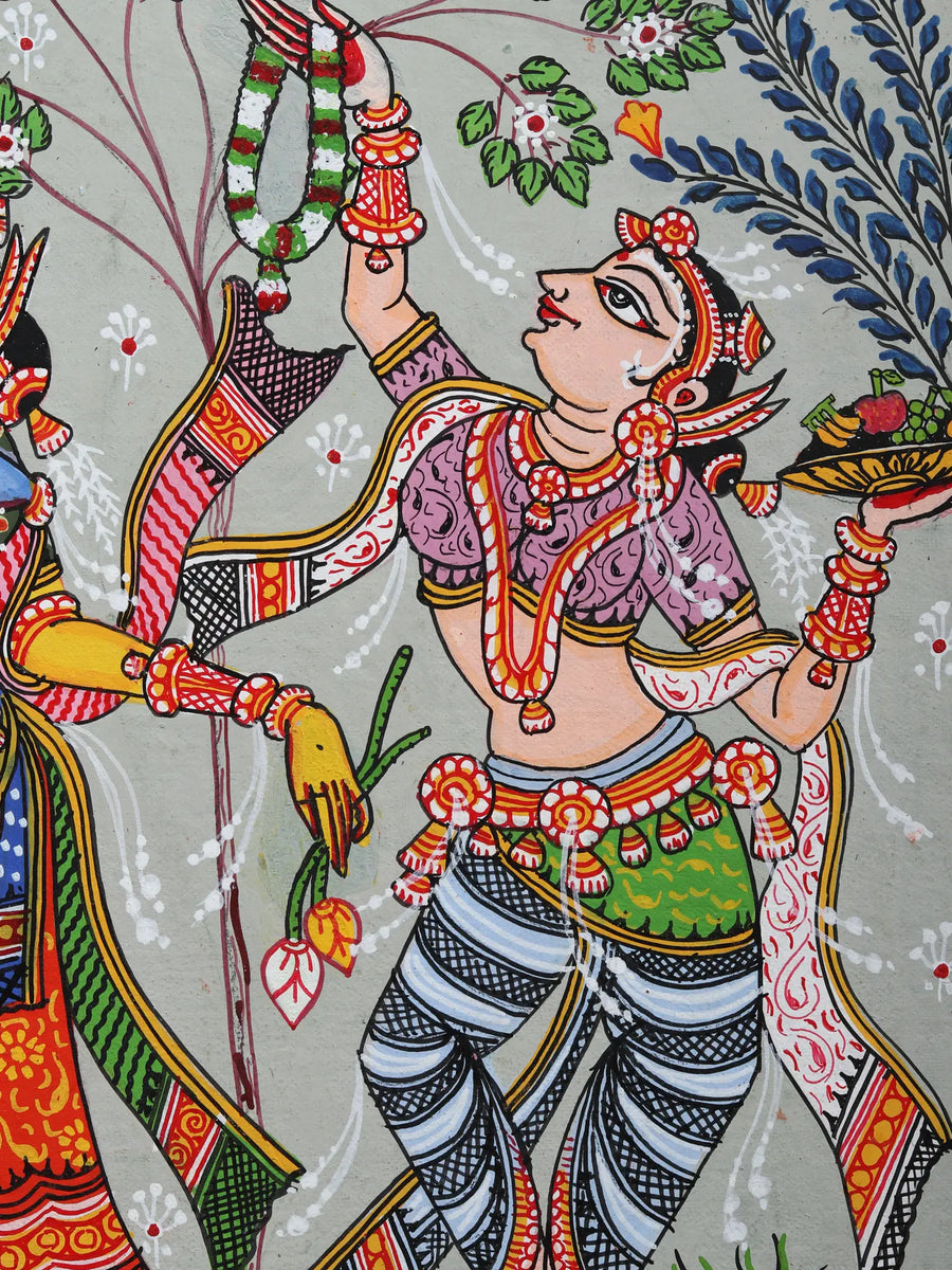 Dancing Lord Krishna with Rukmini and Satyabhama Pattachitra Painting on Canvas