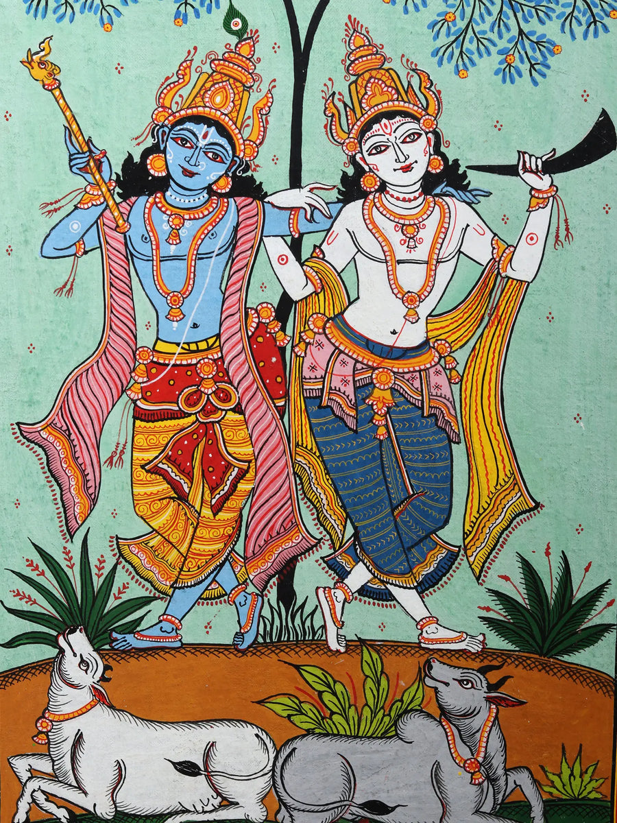 Dancing Lord Krishna with Brother Balaram Pattachitra Painting on Canvas