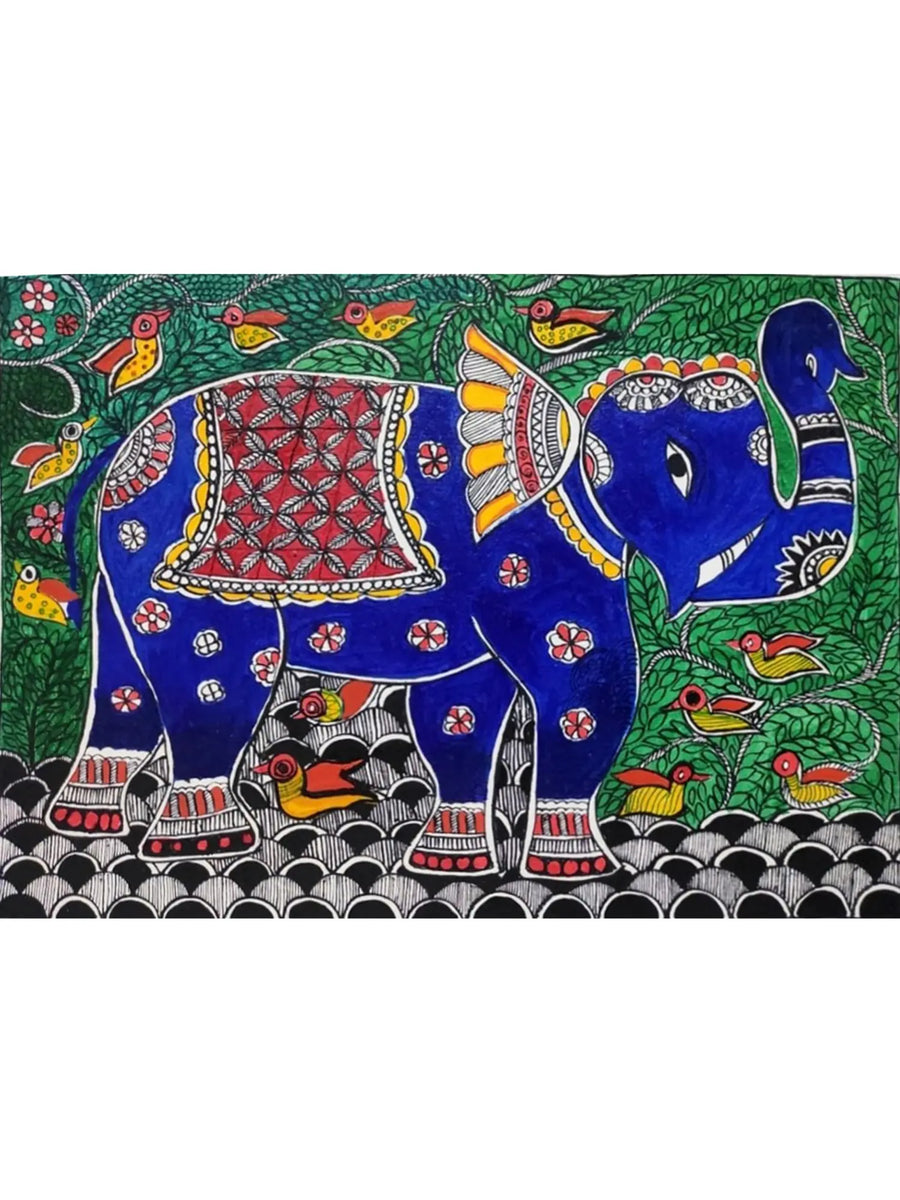 Elephant with Birds Madhubani Painting