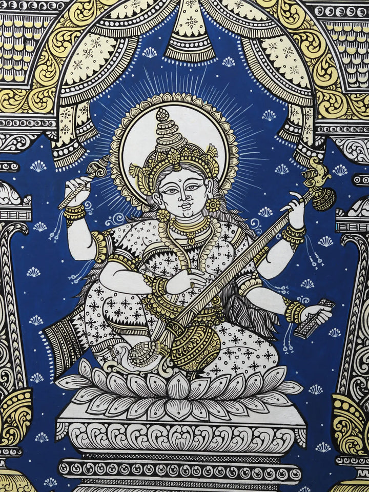 Devi Saraswati Seated on Lotus Playing Veena Pattachitra Painting on Canvas · view 2