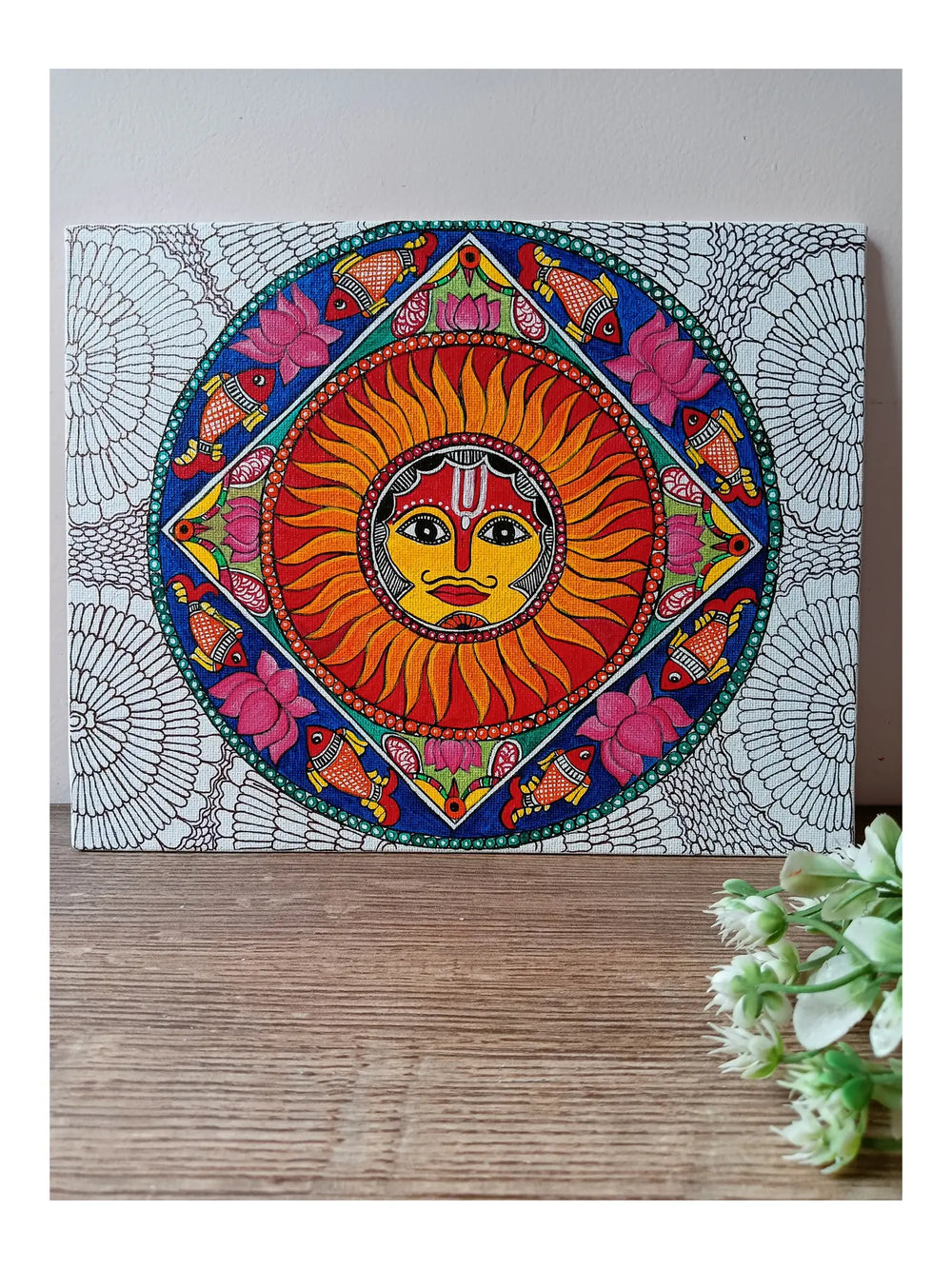 Madhubani Sun with Fish Circle | Acrylic on Canvas | By Rina Patwa