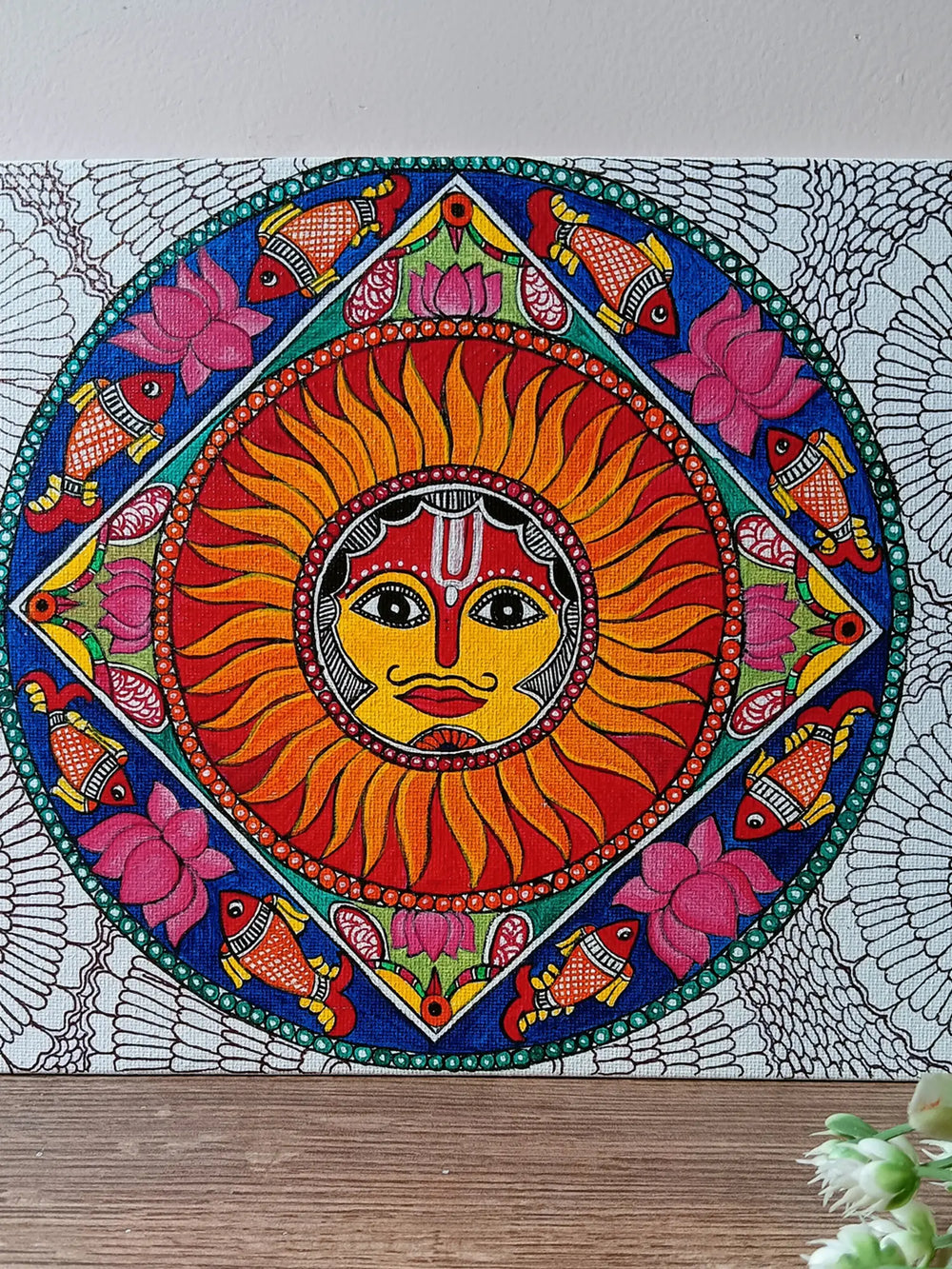 Madhubani Sun with Fish Circle | Acrylic on Canvas | By Rina Patwa