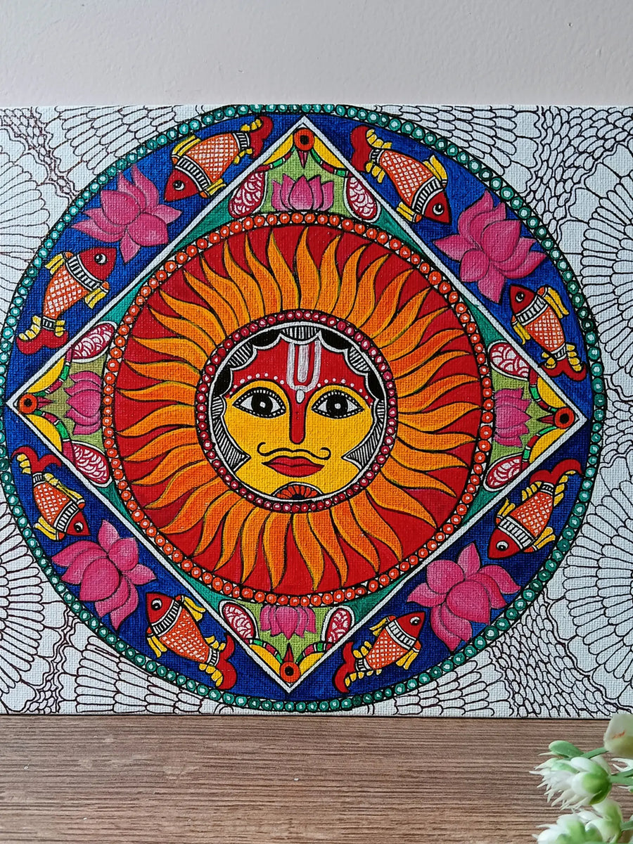 Sun with Fish Circle Madhubani Painting on Canvas