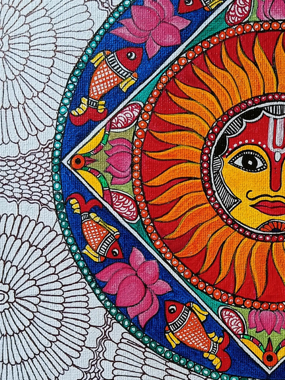 Madhubani Sun with Fish Circle | Acrylic on Canvas | By Rina Patwa