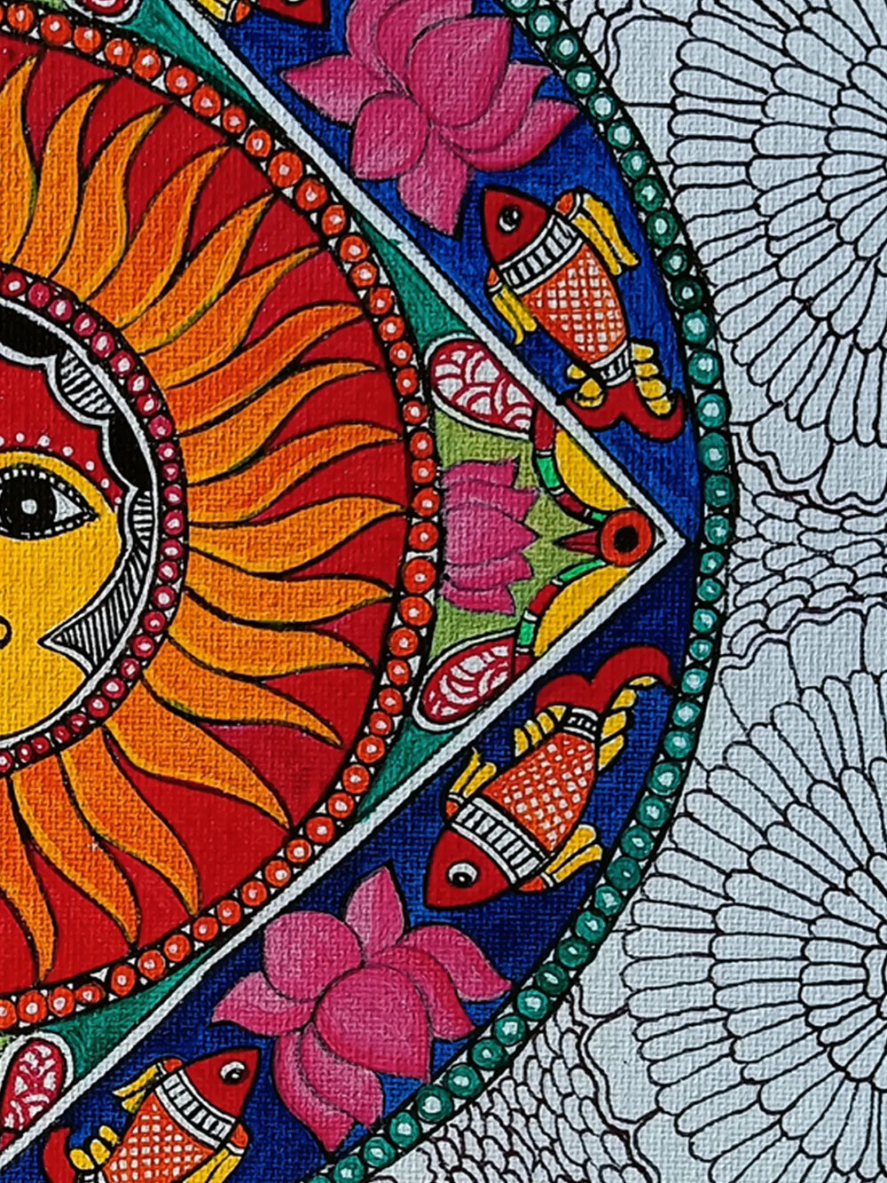 Madhubani Sun with Fish Circle | Acrylic on Canvas | By Rina Patwa