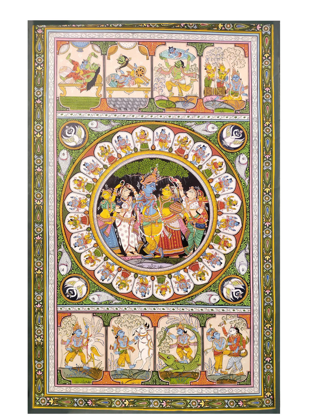 Lord Krishna Leela With Gopis | Natural Color On Handmade Sheet | By Rakesh Kumar