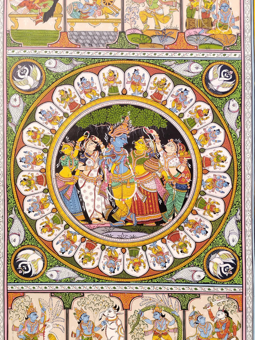 Lord Krishna Leela With Gopis | Natural Color On Handmade Sheet | By Rakesh Kumar