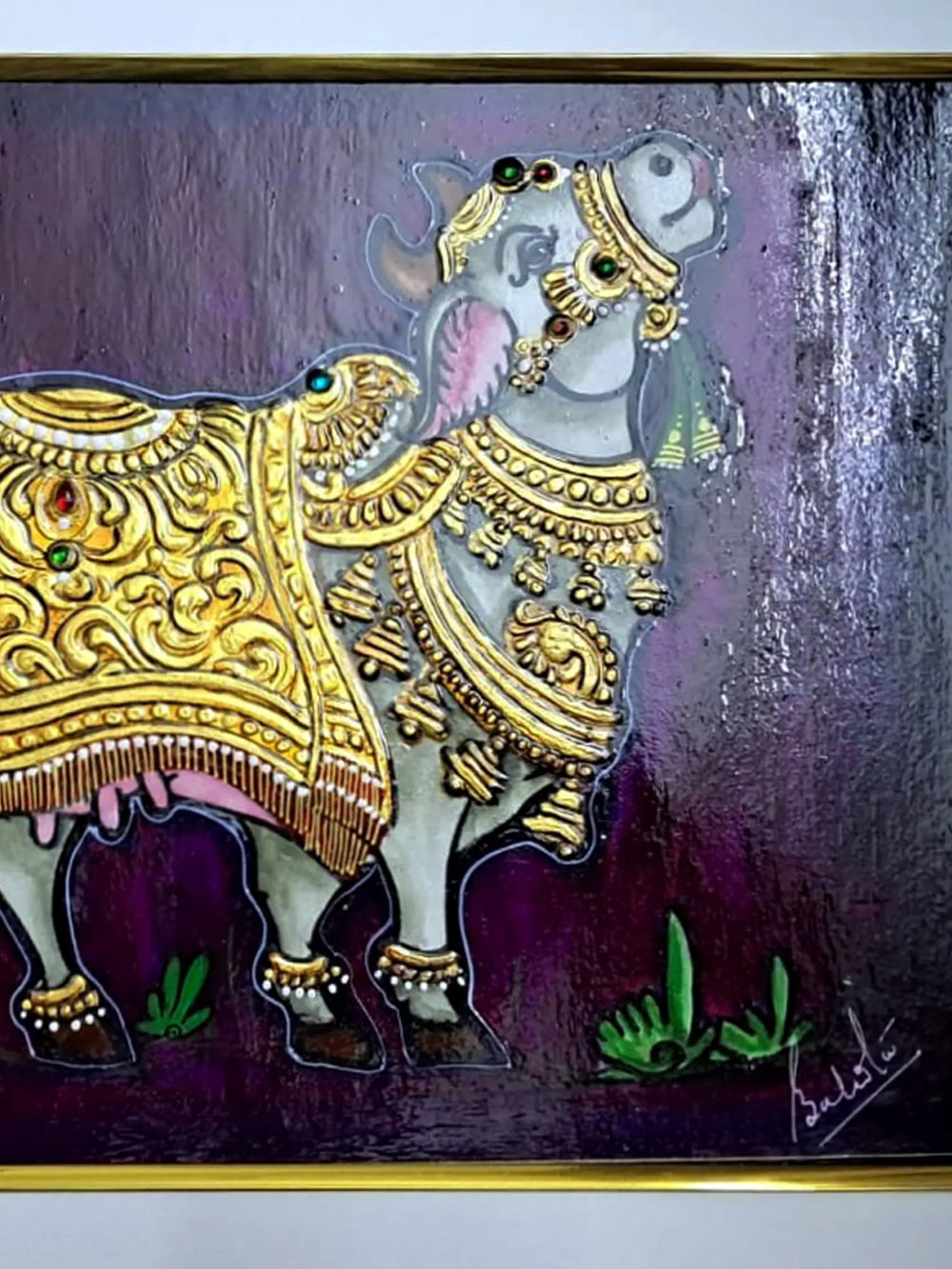 Kamadhenu Tanjore Painting | Natural Colors on Paper | By Babita