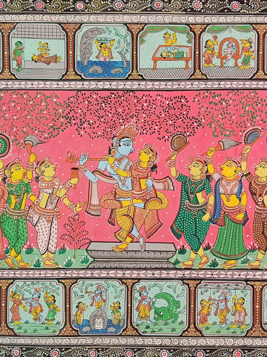 Radha and Krishna Leela with Gopis Painting on Canvas