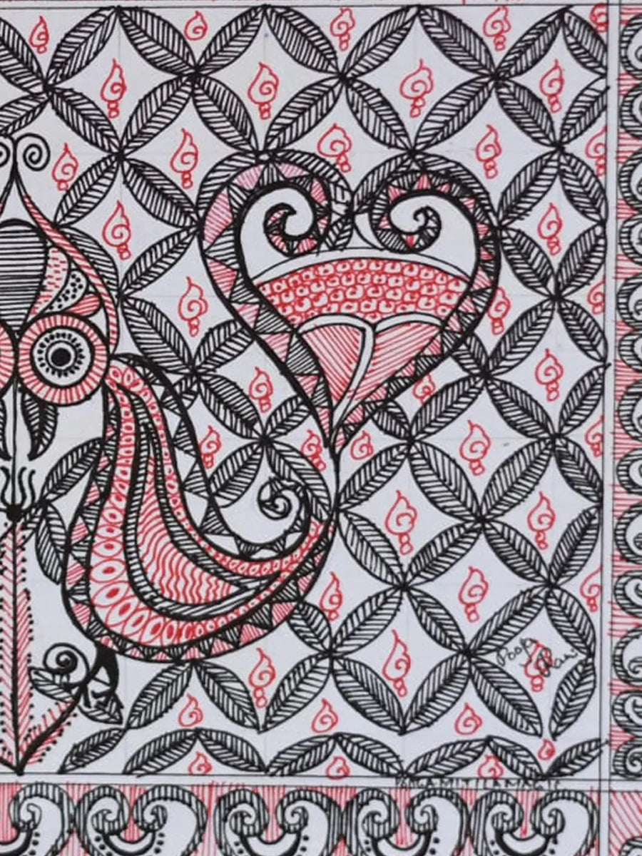 Pair of Peacock in Style Madhubani Painting on Handmade Paper
