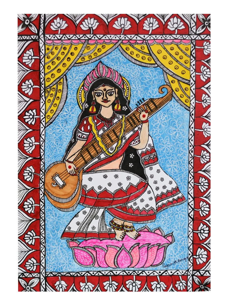 Goddess Saraswati Madhubani Painting on Paper