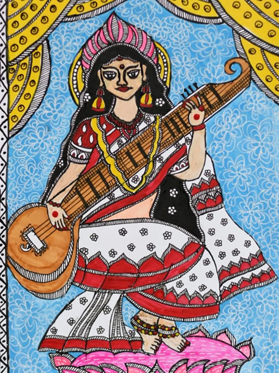 Goddess Saraswati Madhubani Painting on Paper