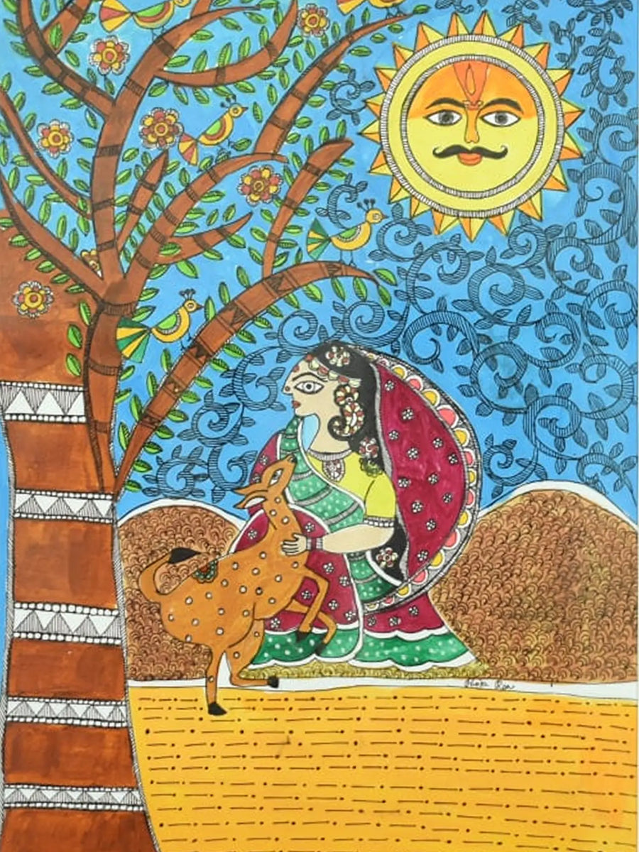 Woman with Deer Painting on Paper