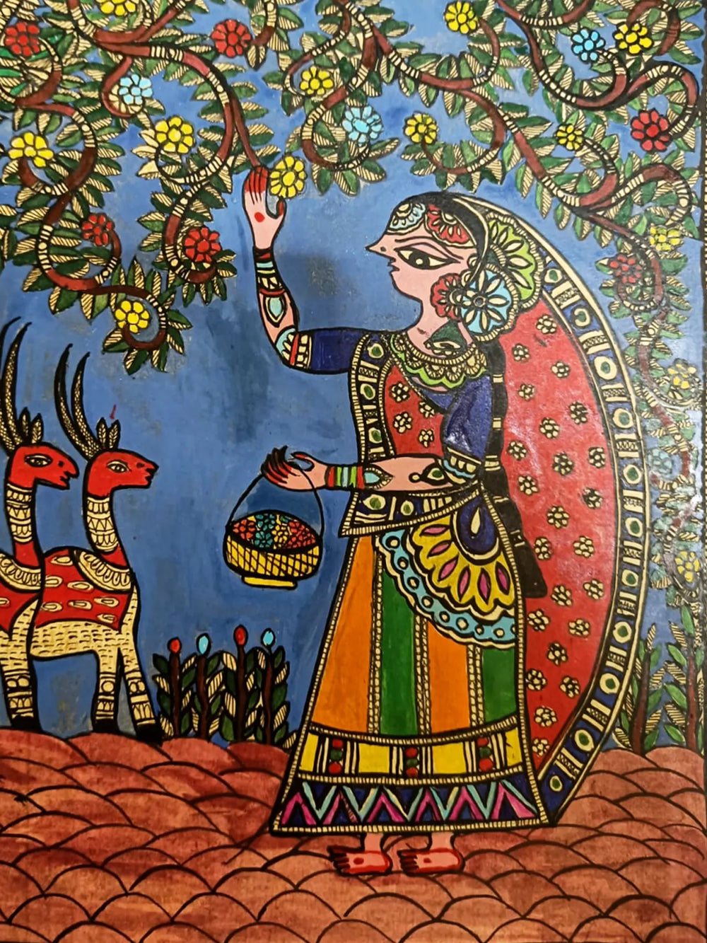 Lady Plucking Flowers | Cow Duck Coated On Ivory Sheet | By Ruchi Agnihotri