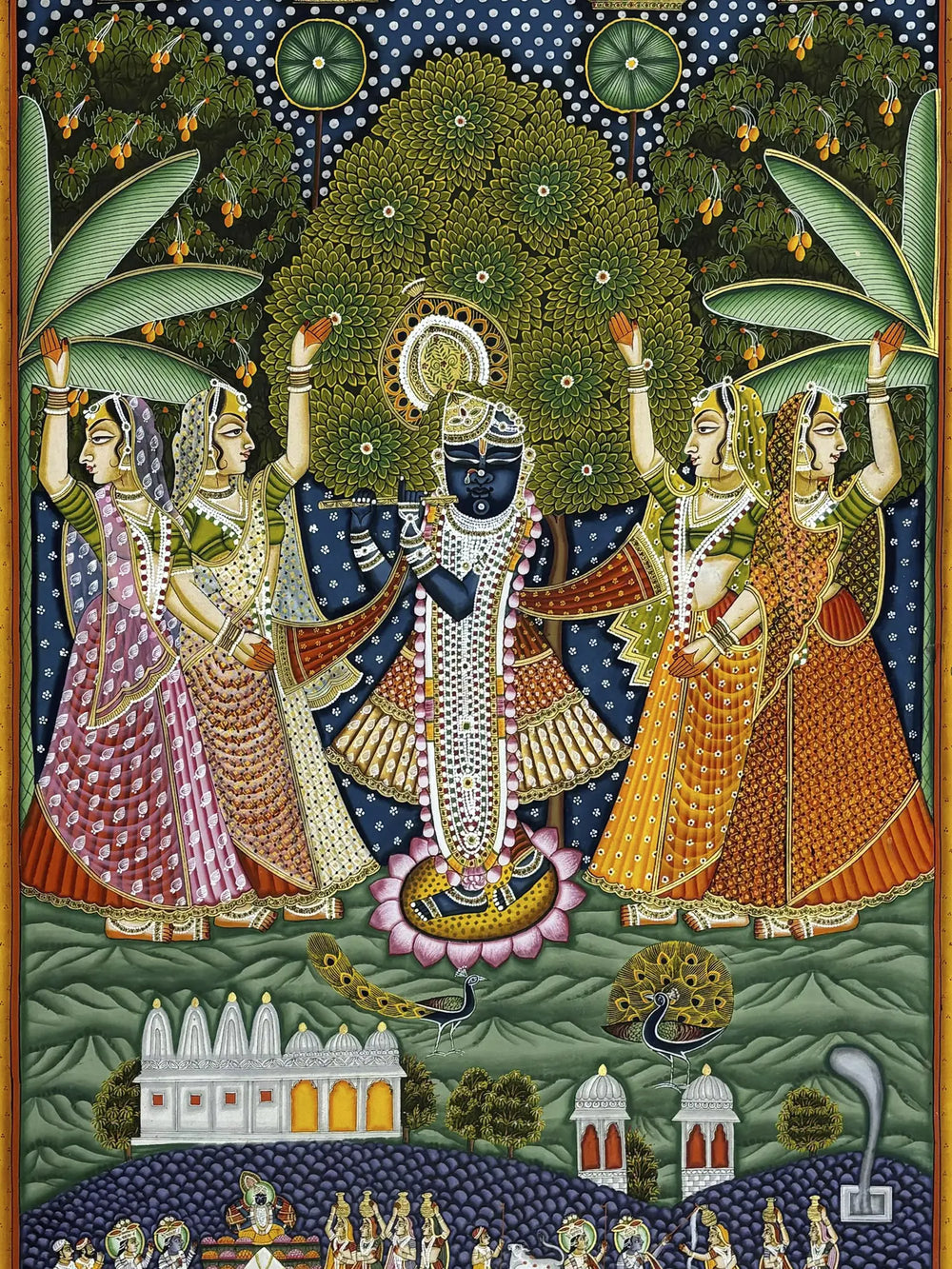 Lord Shrinathji Playing Flute Pichwai Painting | Natural Color On Cloth | By Dheeraj Munot