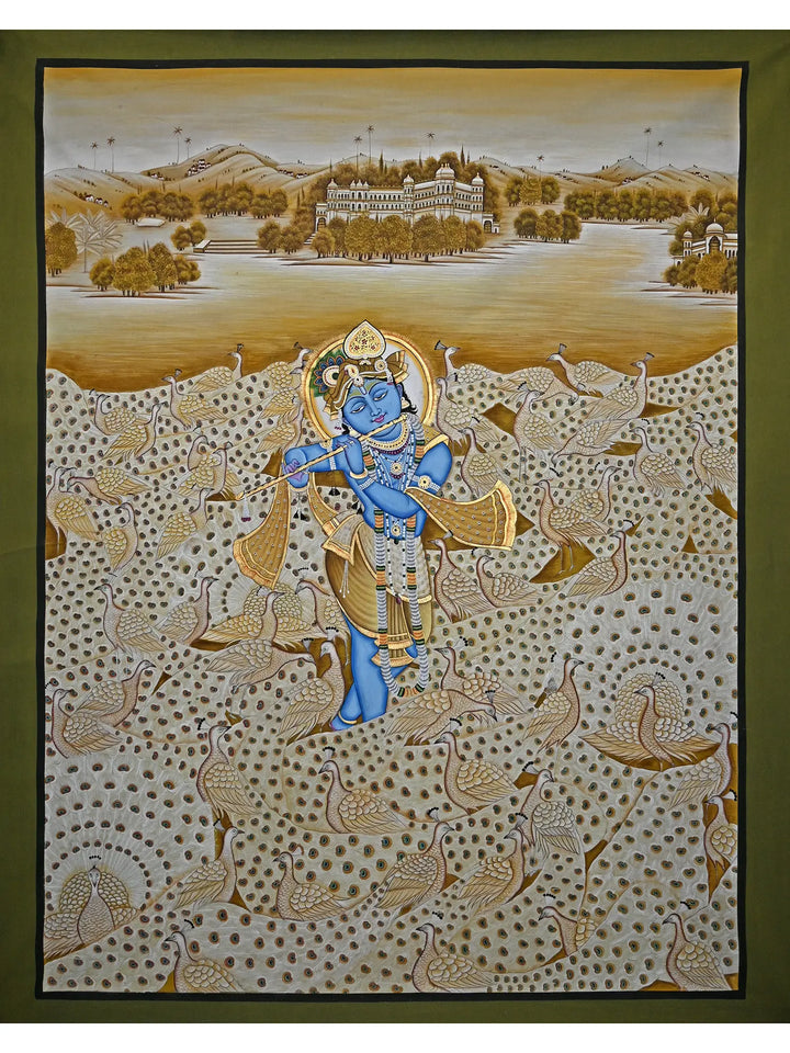 The Fluting Krishna with Peacocks Pichwai Painting on Cotton · view 1