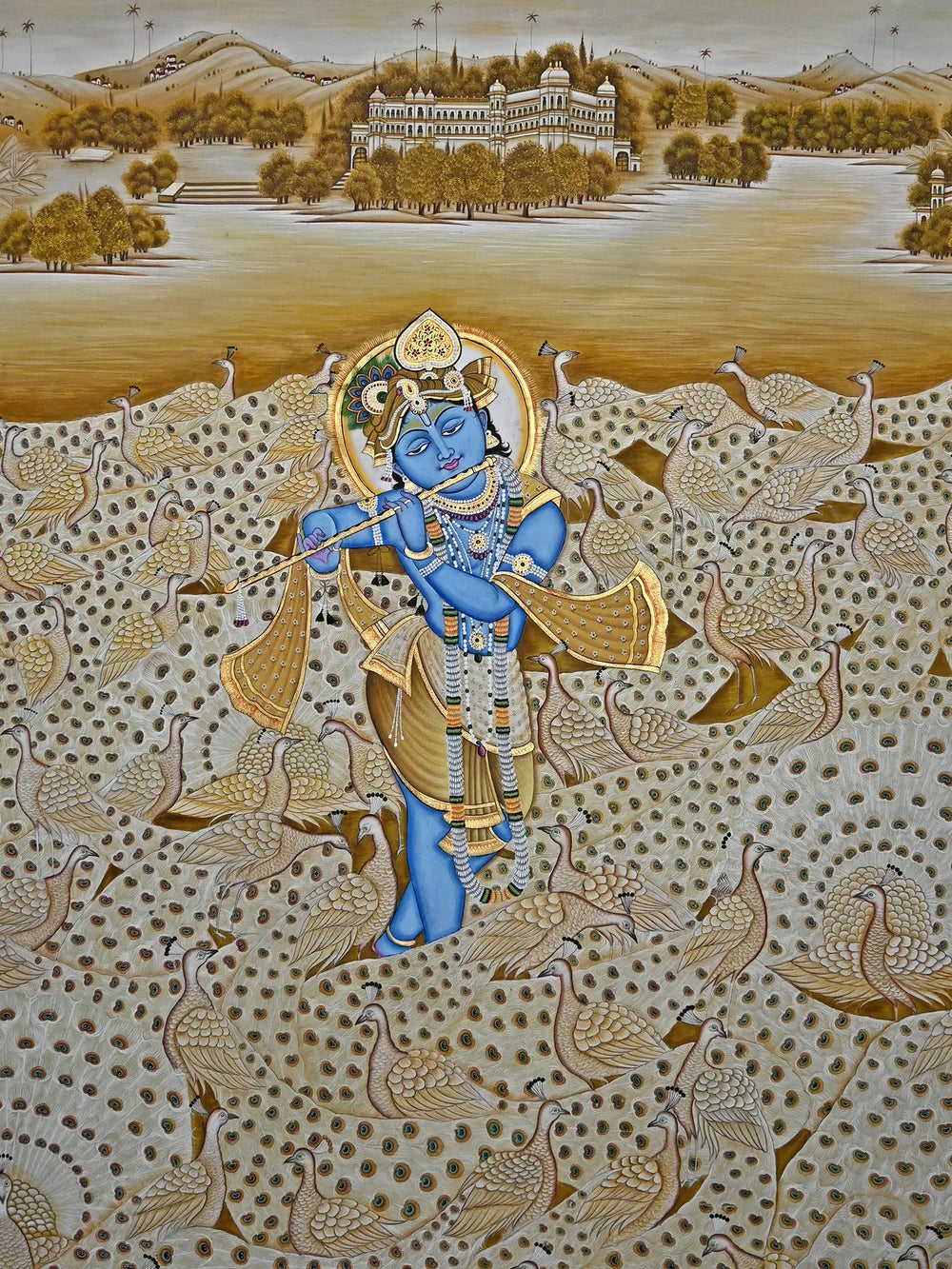 The Fluting Krishna With Peacocks | Pichwai Painting | Stone Color On Cotton Cloth | By Narendra Kumar