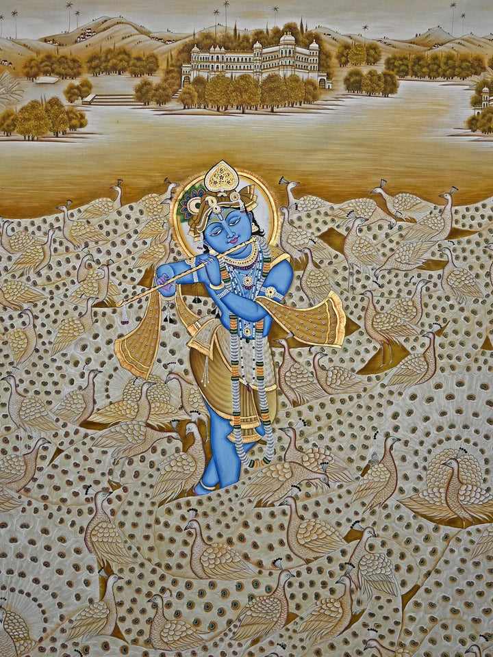 The Fluting Krishna with Peacocks Pichwai Painting on Cotton · view 2