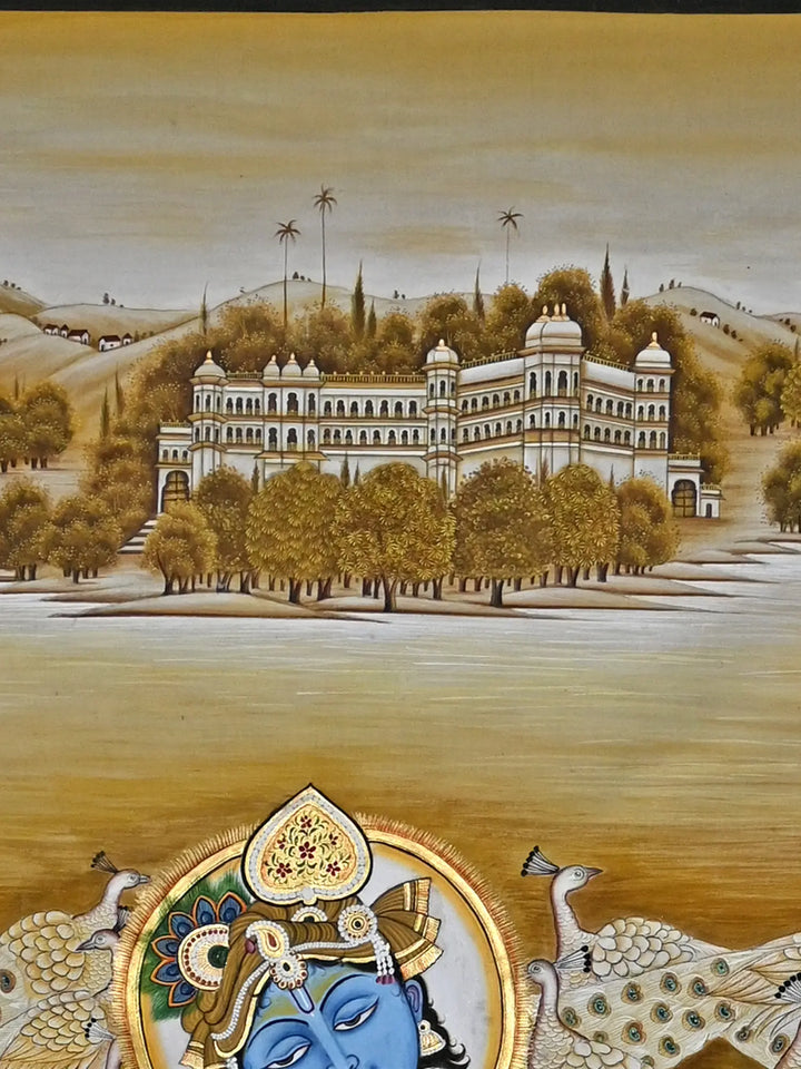 The Fluting Krishna with Peacocks Pichwai Painting on Cotton · view 4