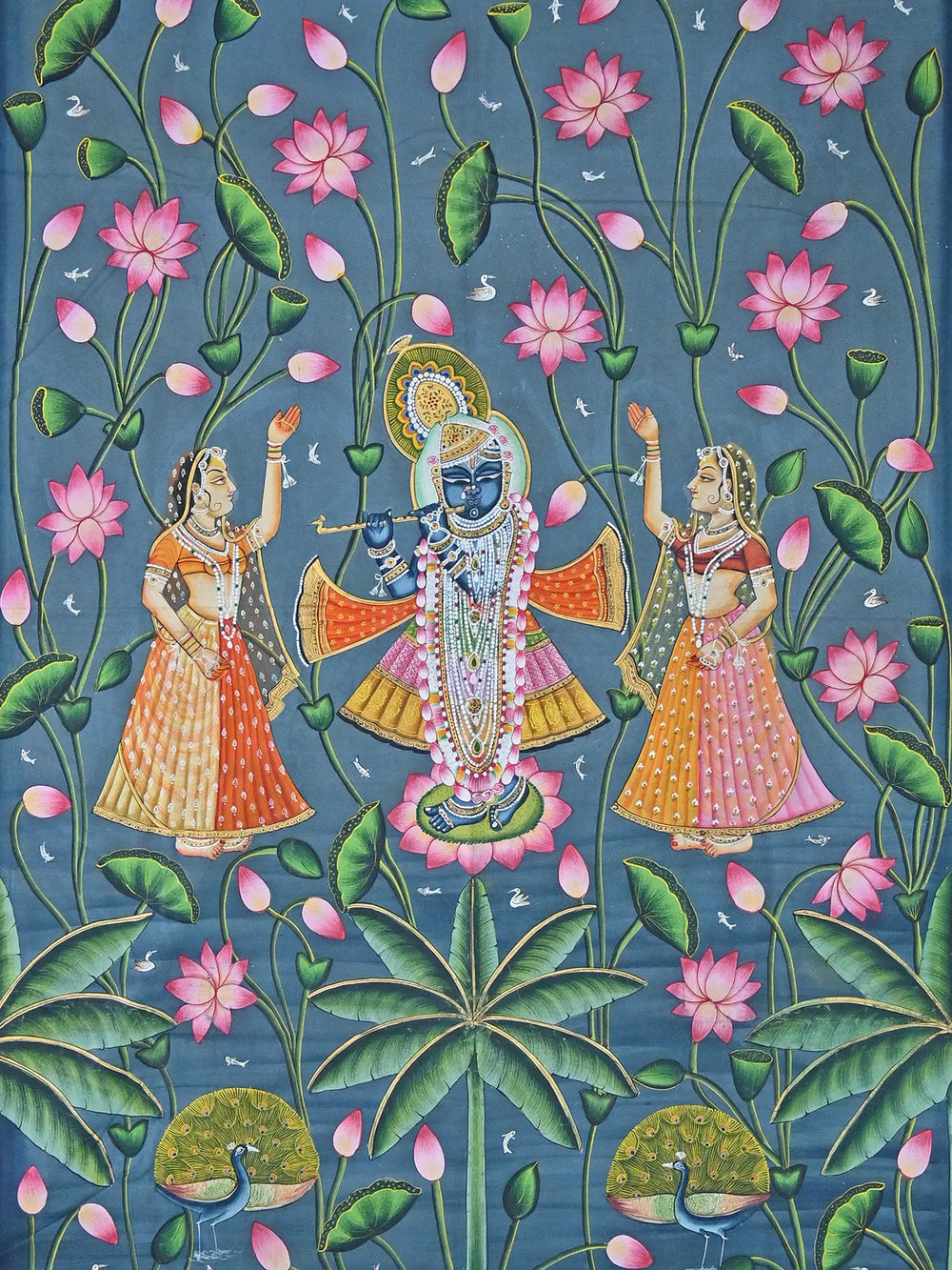 Shrinathji With Gopis In Kamal Talai | Pichwai Painting | Stone Color On Cotton Cloth | By Narendra Kumar