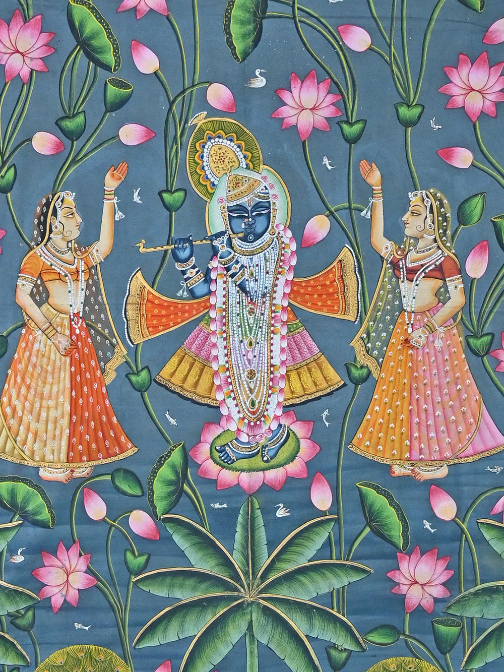 Shrinathji With Gopis In Kamal Talai | Pichwai Painting | Stone Color On Cotton Cloth | By Narendra Kumar