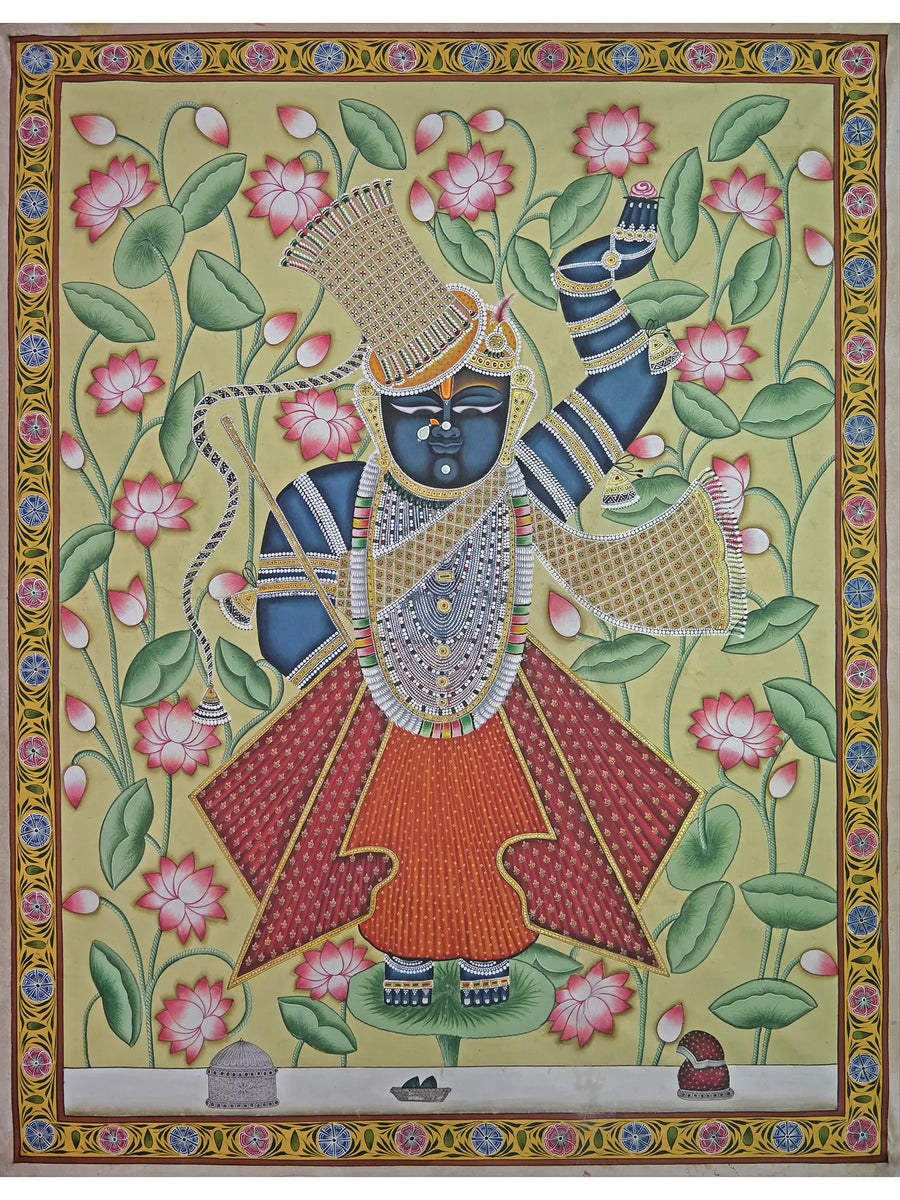 Standing Shrinathji with Kamal Talai Pichwai Painting on Cotton