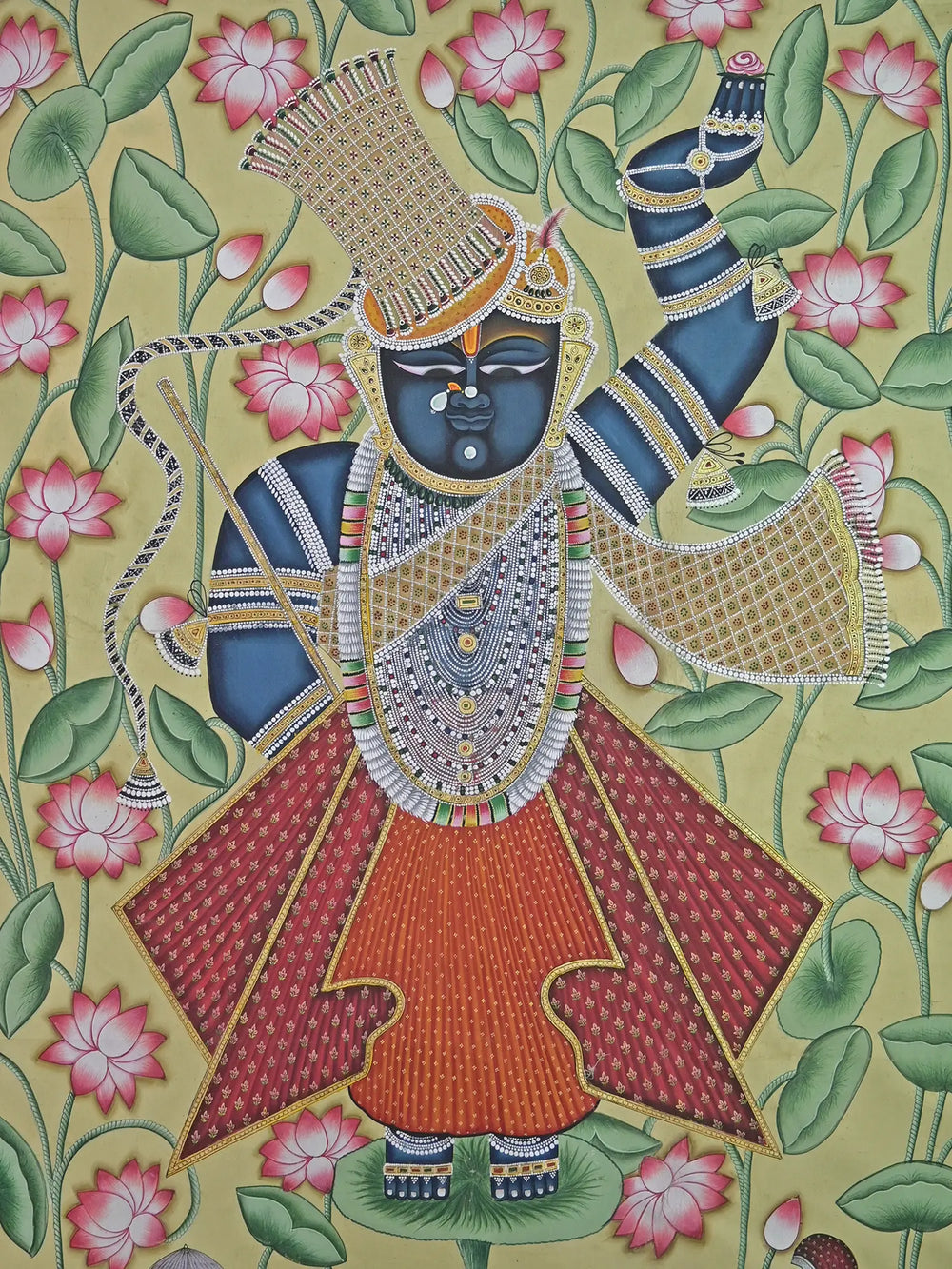 Standing Shrinathji With Kamal Talai | Pichwai Painting | Stone Color On Cotton Cloth | By Narendra Kumar