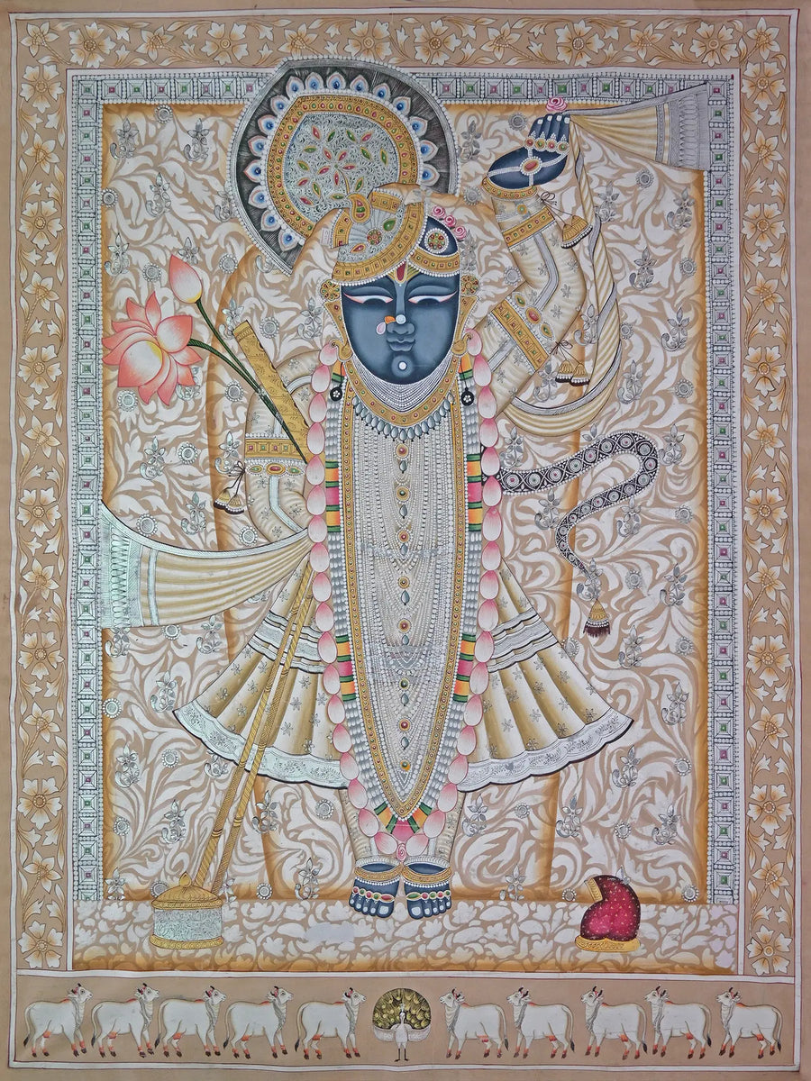 Shrinathji with Hold Lotus Pichwai Painting on Cotton