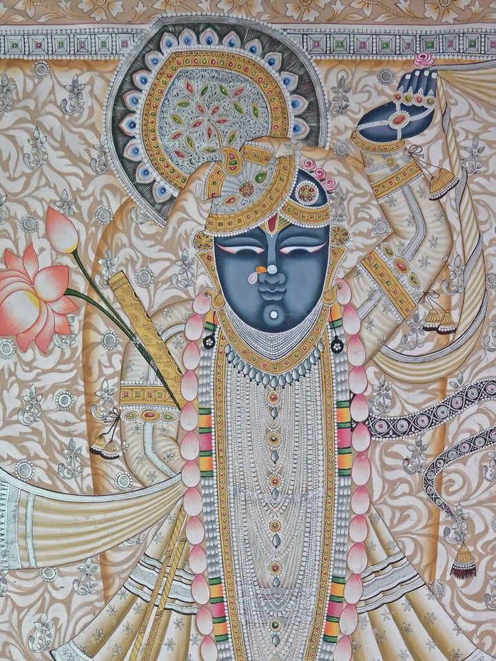 Shrinathji with Hold Lotus Pichwai Painting on Cotton · view 3