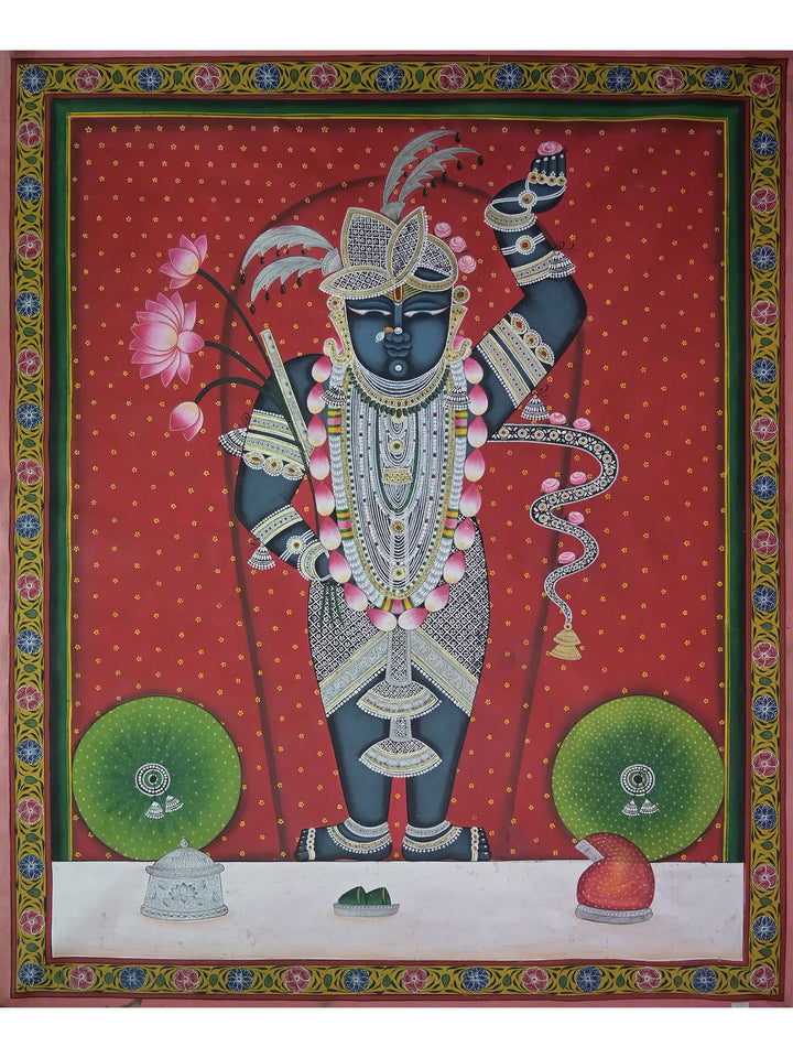 Darshan of Shrinathji Pichwai Painting on Cotton · view 1