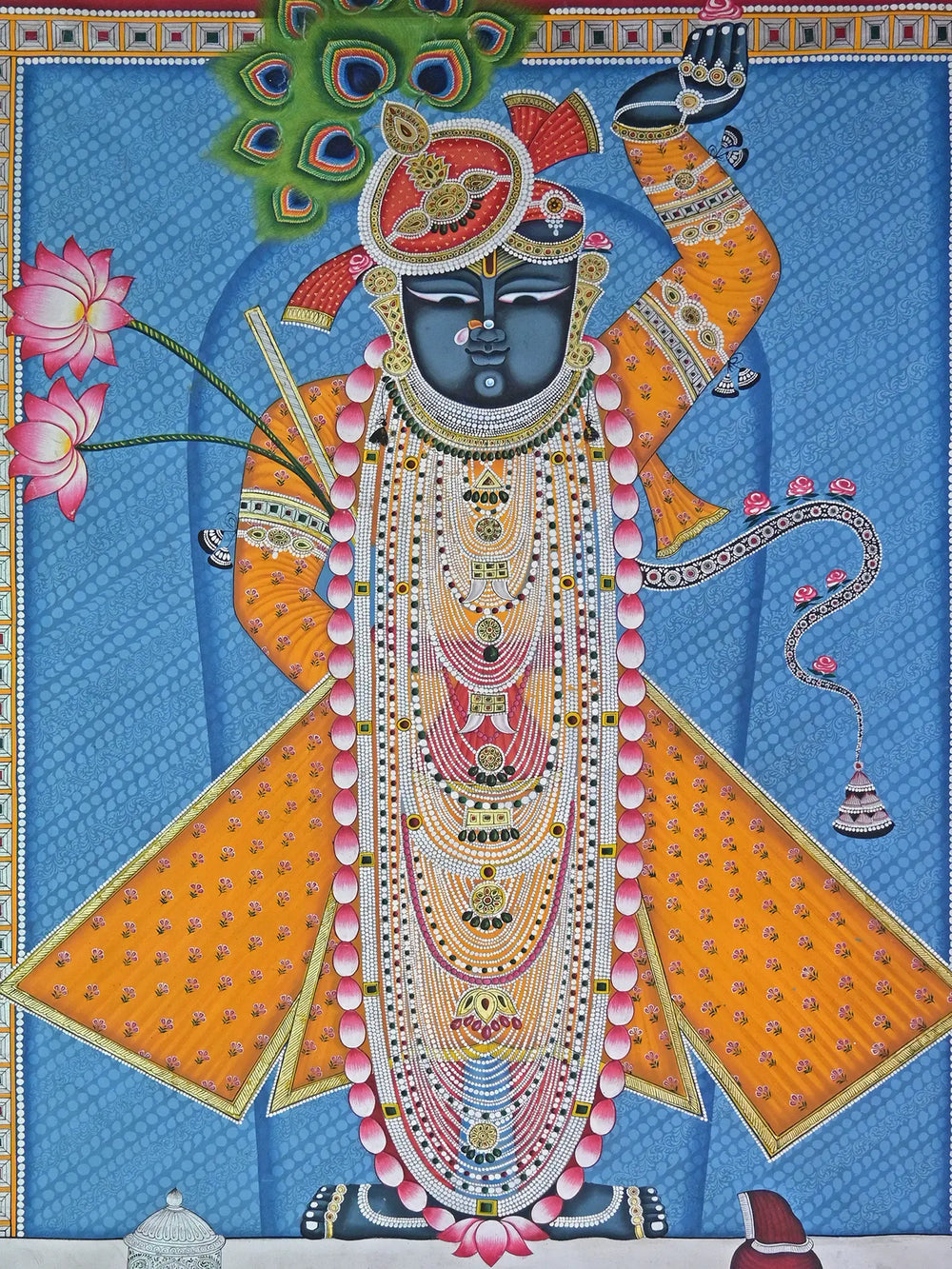 Attractive Shrinathji With Yellow Dress | Pichwai Painting | Stone Color On Cotton Cloth | By Narendra Kumar