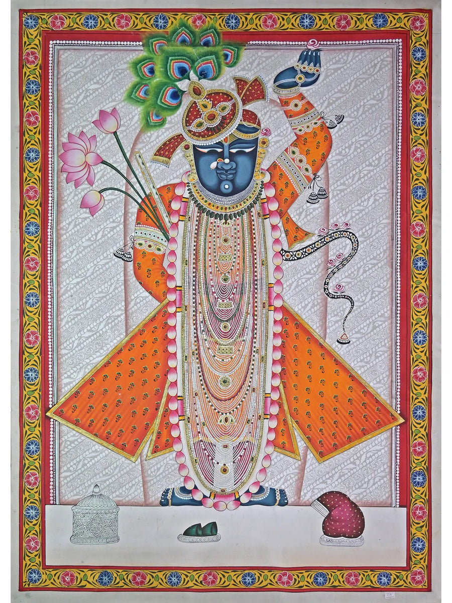 Shrinathji with Flute and Lotus Pichwai Painting on Cotton