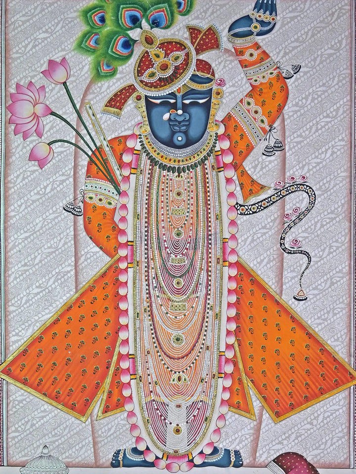 Shrinathji with Flute and Lotus Pichwai Painting on Cotton · view 2