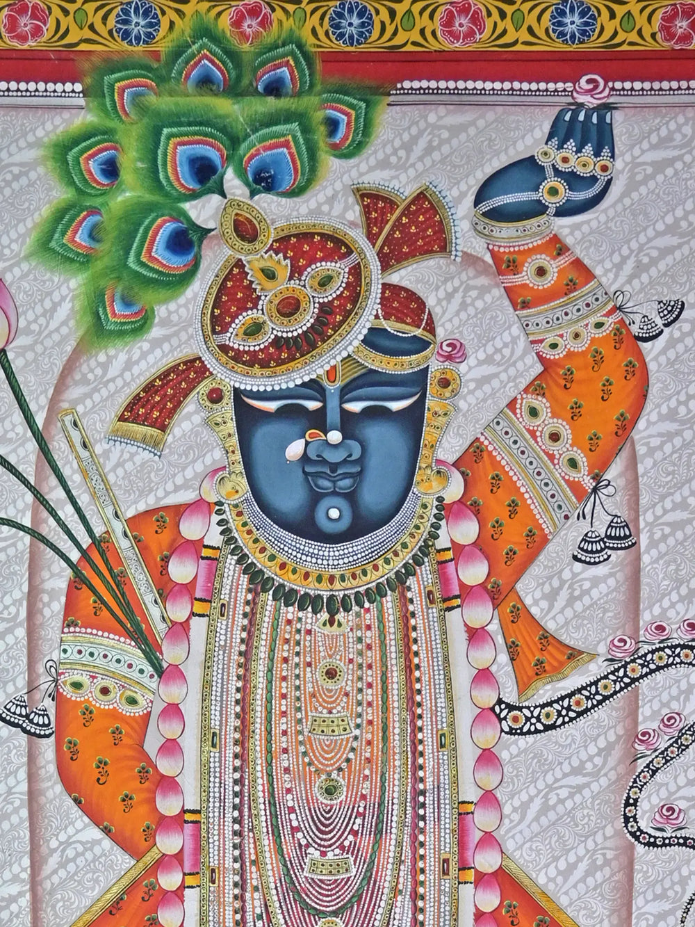 Shrinathji With Flute And Lotus | Pichwai Painting | Stone Color On Cotton Cloth | By Narendra Kumar