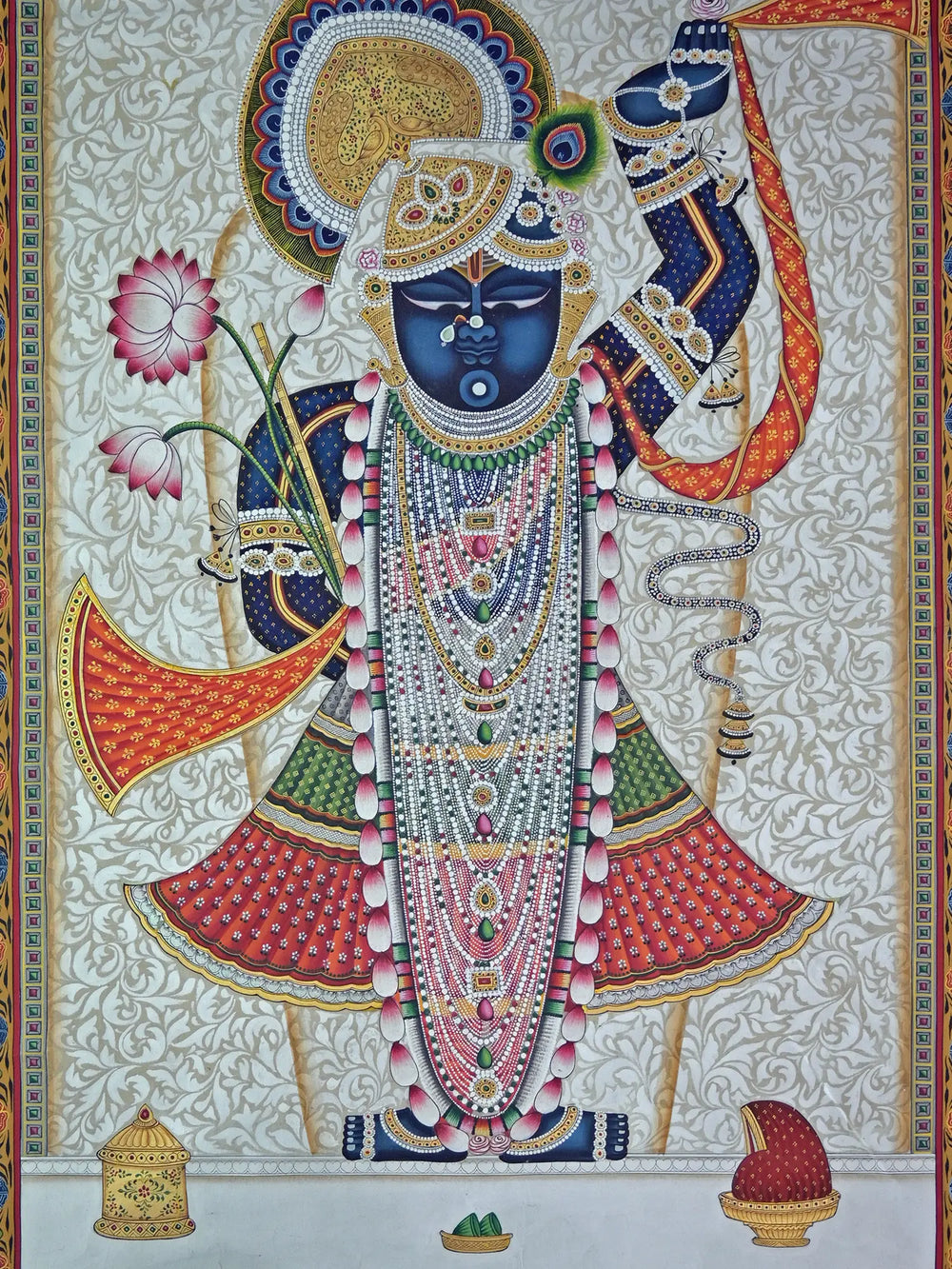 Shrinathji With Beautiful Ornaments | Pichwai Painting | Stone Color On Cotton Cloth | By Narendra Kumar