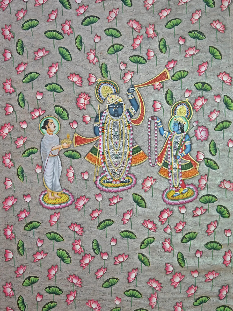 Divine Shrinathji with Saint and Lord Krishna Pichwai Painting on Cotton