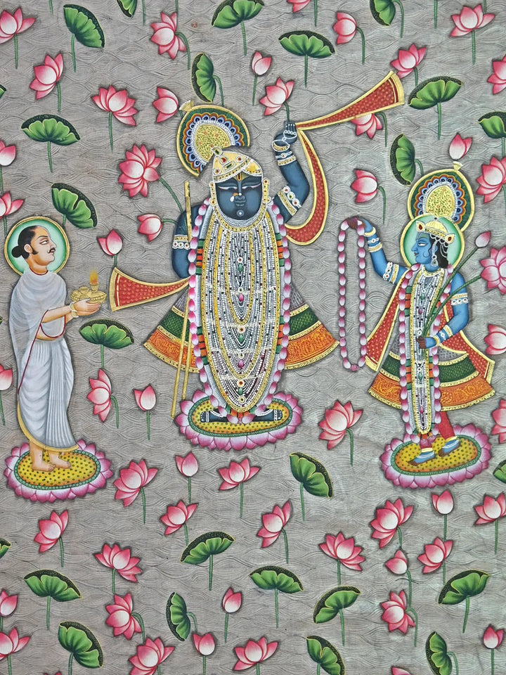 Divine Shrinathji with Saint and Lord Krishna Pichwai Painting on Cotton · view 3