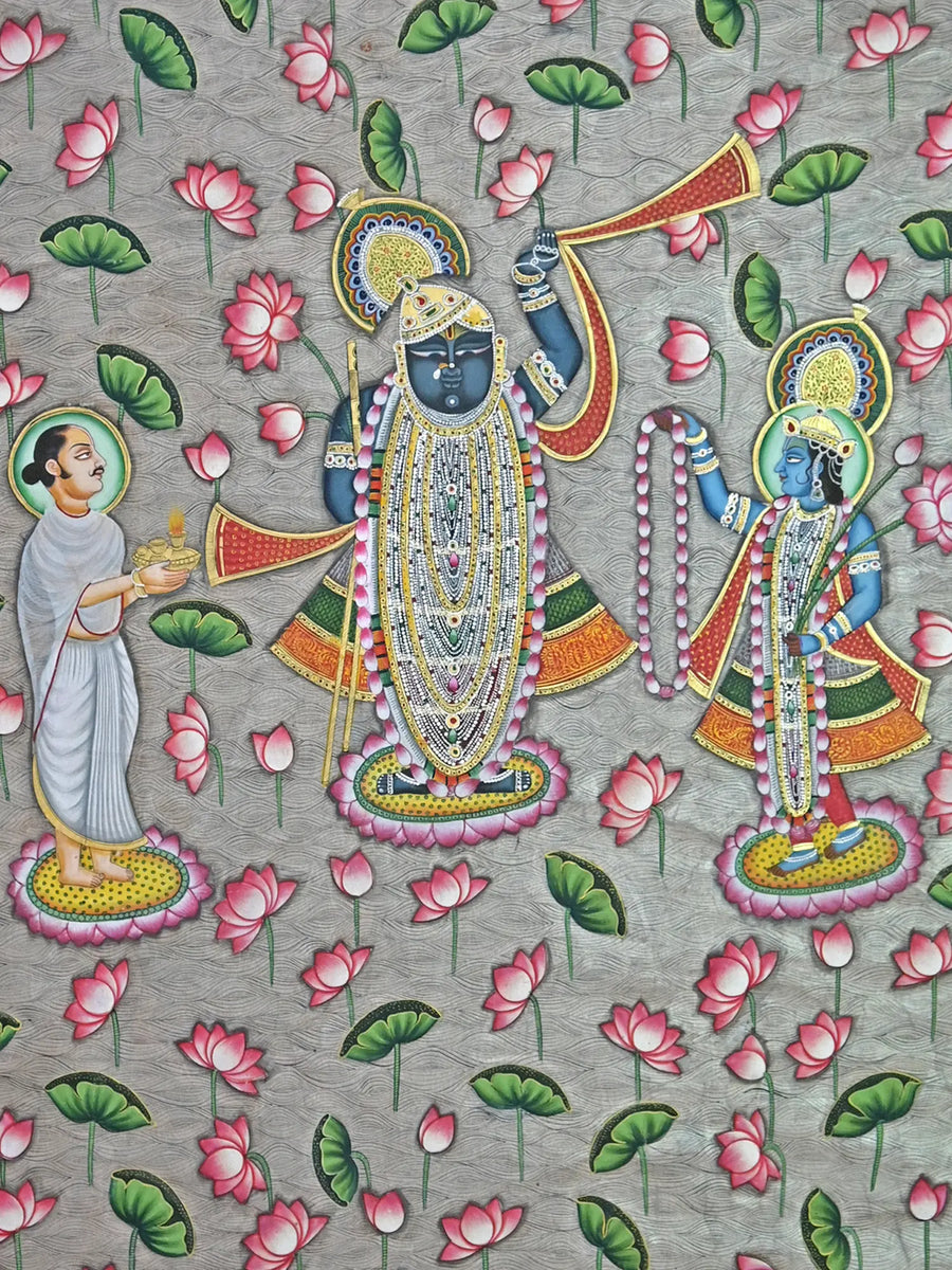 Divine Shrinathji with Saint and Lord Krishna Pichwai Painting on Cotton