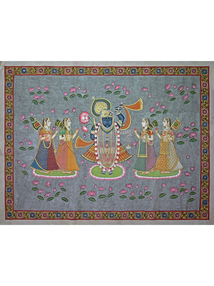 ShrinathJi with Gopis in Kamal Talai Pichwai Painting on Cotton · view 1