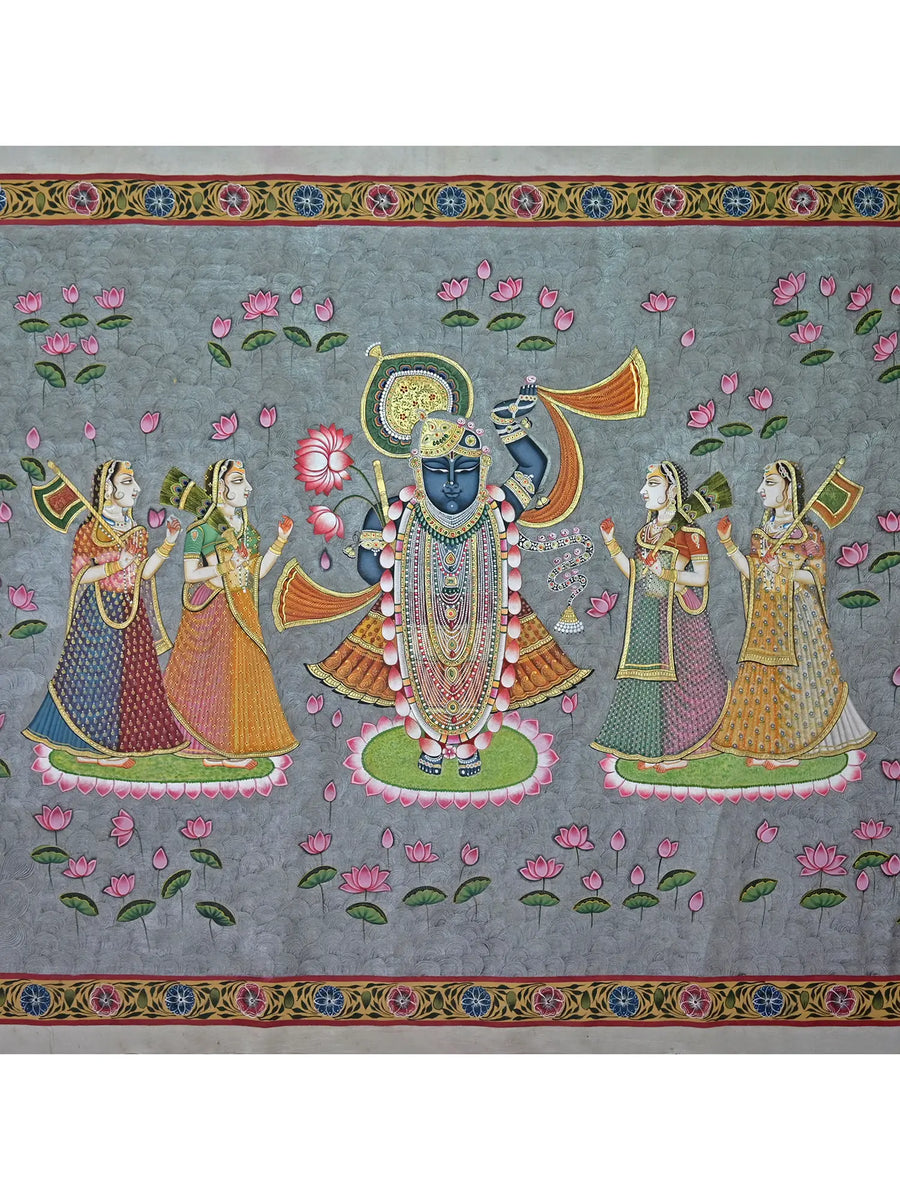 ShrinathJi with Gopis in Kamal Talai Pichwai Painting on Cotton