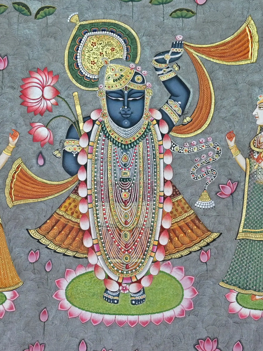 ShrinathJi with Gopis in Kamal Talai Pichwai Painting on Cotton