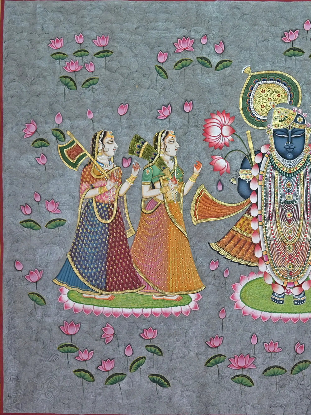 ShrinathJi With Gopis In Kamal Talai | Pichwai Painting | Stone Color On Cotton Cloth | By Narendra Kumar