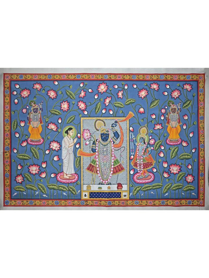 ShrnathJi with Yamuna Ji and Mahaparbhu Ji Pichwai Painting on Cotton · view 1