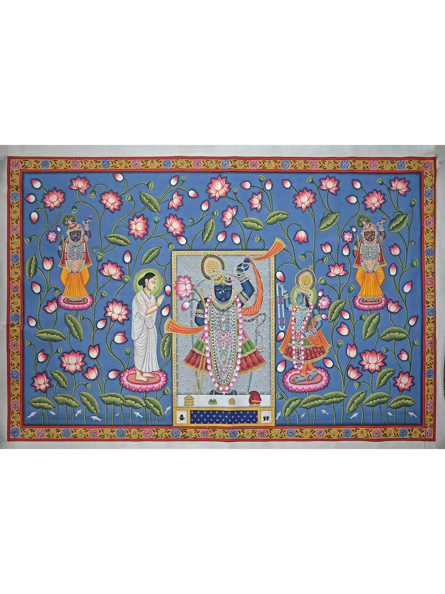 ShrnathJi with Yamuna Ji and Mahaparbhu Ji Pichwai Painting on Cotton