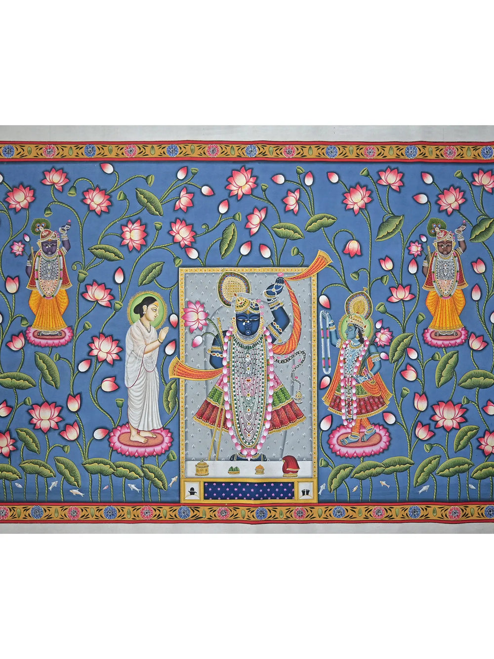 ShrnathJi With Yamuna Ji And Mahaparbhu Ji | Pichwai Painting | Stone Color On Cotton Cloth | By Narendra Kumar
