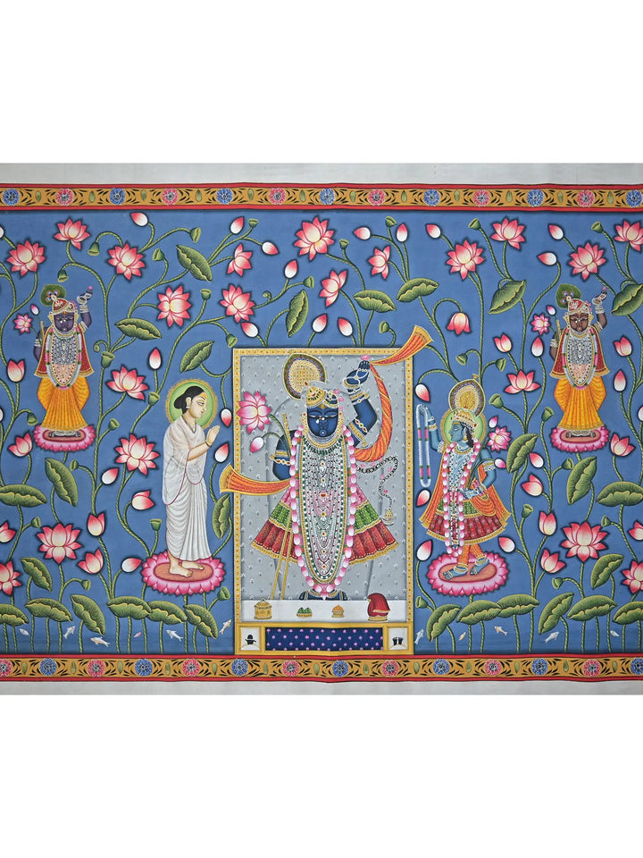 ShrnathJi with Yamuna Ji and Mahaparbhu Ji Pichwai Painting on Cotton · view 2